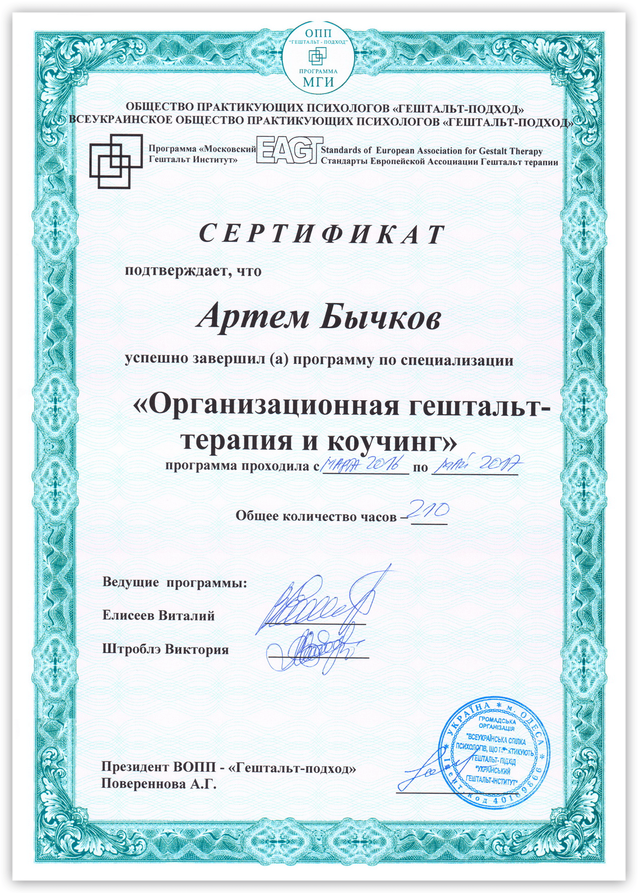 Сертификат специализации Организационная терапия и коучинг